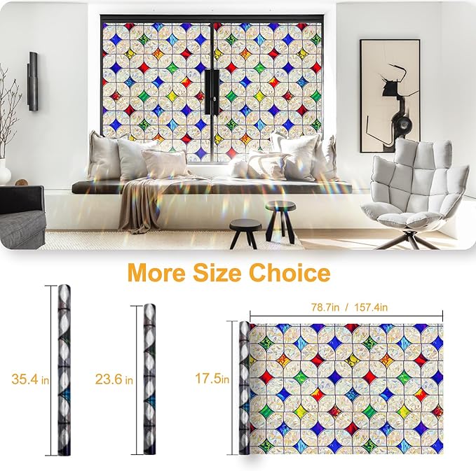 QHY Sunshine Colorful Rainbow Stained Glass Window Film Non-Adhesive Window Privacy Film Reusable Decorative for Room (Rainbow Mosaic, 35.4 X 157.4 in)