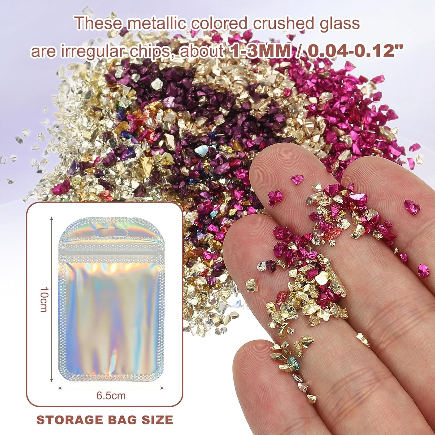 uxcell 6 Colors Crushed Glass Chips, 1-3mm Irregular Glitter Metallic Glass Broken Glasses Pieces with Laser Bag for Craft DIY Vase Epoxy Halloween Decoration 33g, Multicolored