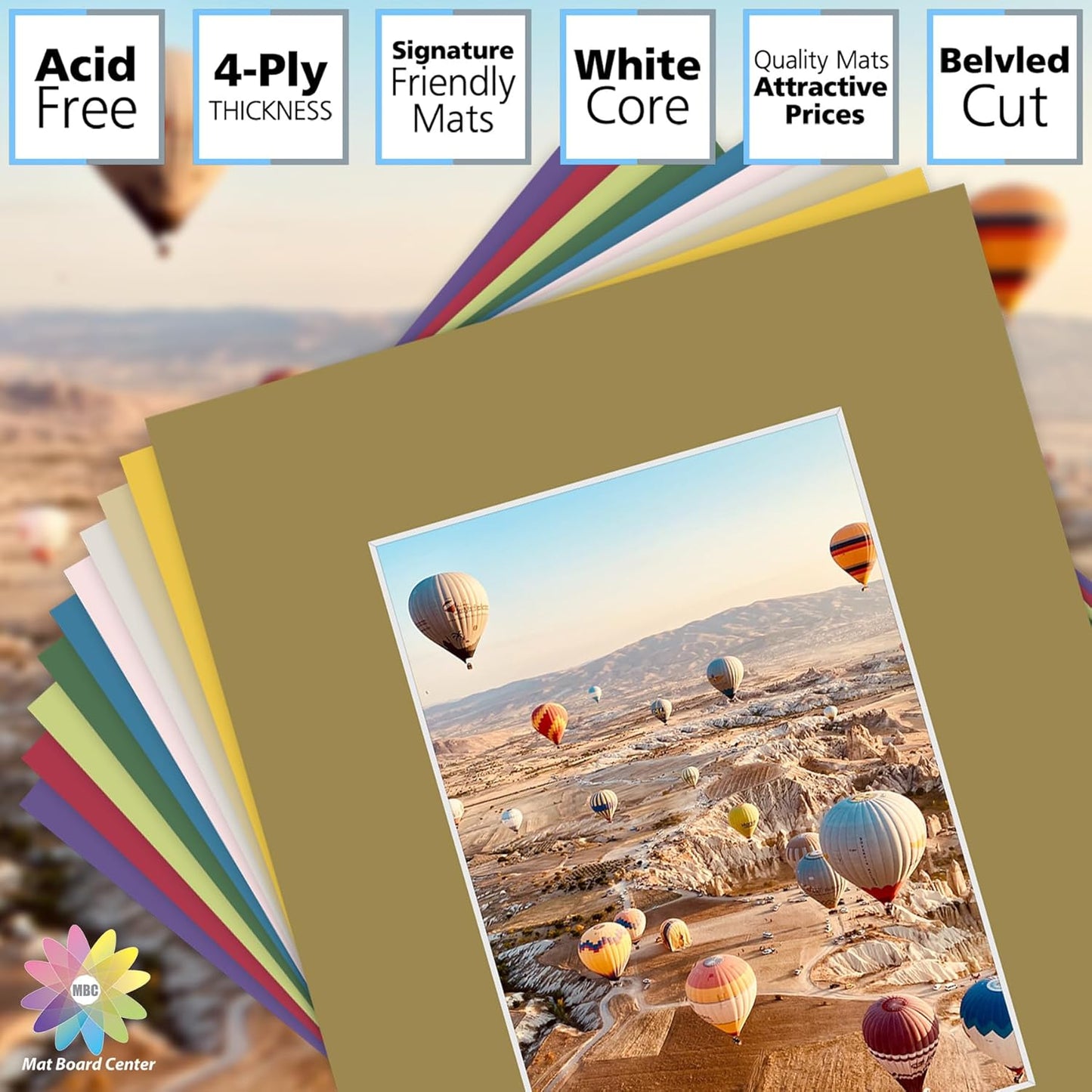 Mat Board Center, Pack of 10, 8x10 for 5x7 Mix Color Picture Mat Sets - Acid Free, 4-ply Thickness, Bevel Pre-Cut White Core - Includes Backing Boards and Clear Bags - for Pictures, Photos, Framing