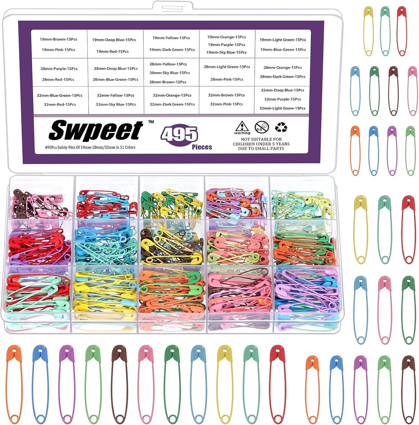 Swpeet 495Pcs 3 Sizes 19mm 28mm 32mm Colorful Safety Pins Assortment Kit, Rust Resistant Steel Small Safety Pin Kit with Clear Case, Mini Safety Pins for Sewing, Clothes, Craft Arts