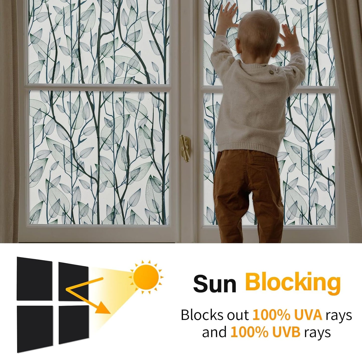 Leaf Pattern Window Tint with Installation Tools, Blackout Window Cover, Sun Blocking Window Tint for Home (Full Blackout Opaque, 35.4'' x 118.1'')