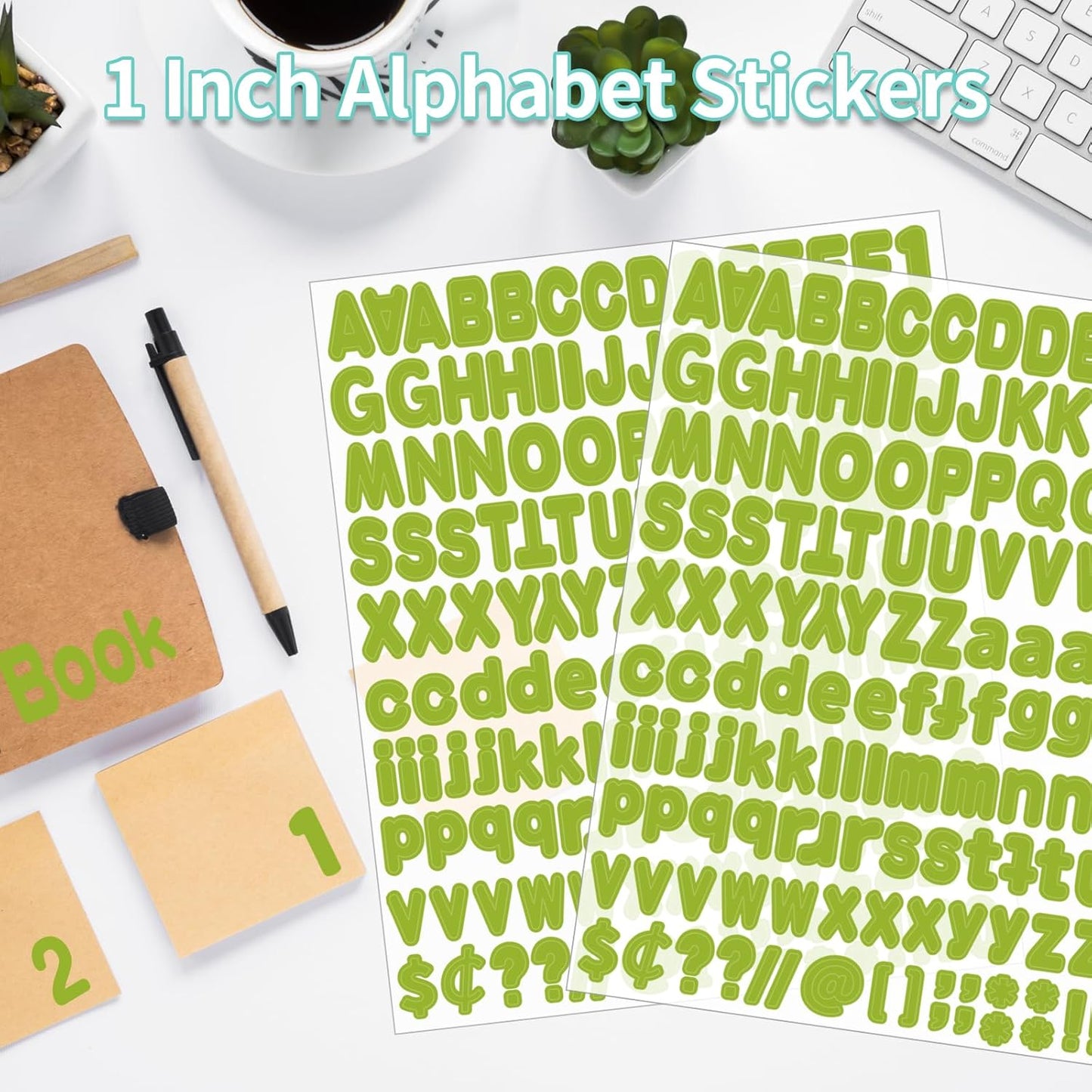 Alphabet Stickers, 1"Inch 12 Sheets Self-Adhesive Green Vinyl Letter Stickers for Mailbox Numbers, Bulletin Boards, Classroom & Home Decor