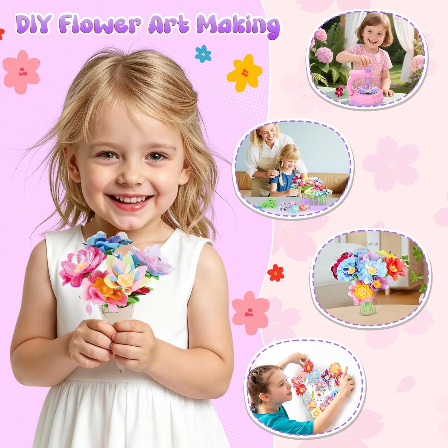 GirlsHome 300+PCS Fabric Flower Bouquets Toys, DIY Flower Crafts Kits for Kids, Arts and Crafts for Kids Ages 6-8 Girls, Build Flower Bouquet, STEM Educational Toy Preschool Gifts (Purple Pink)