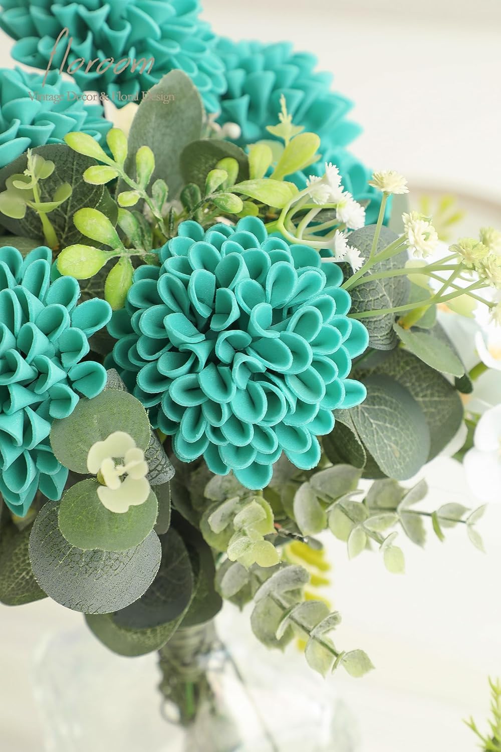 Floroom Artificial Dahlia Flowers 25pcs Real Looking Teal Green Foam Fake Roses with Stems for DIY Wedding Bouquets Bridal Shower Centerpieces Floral Arrangements Party Tables Home Decoration