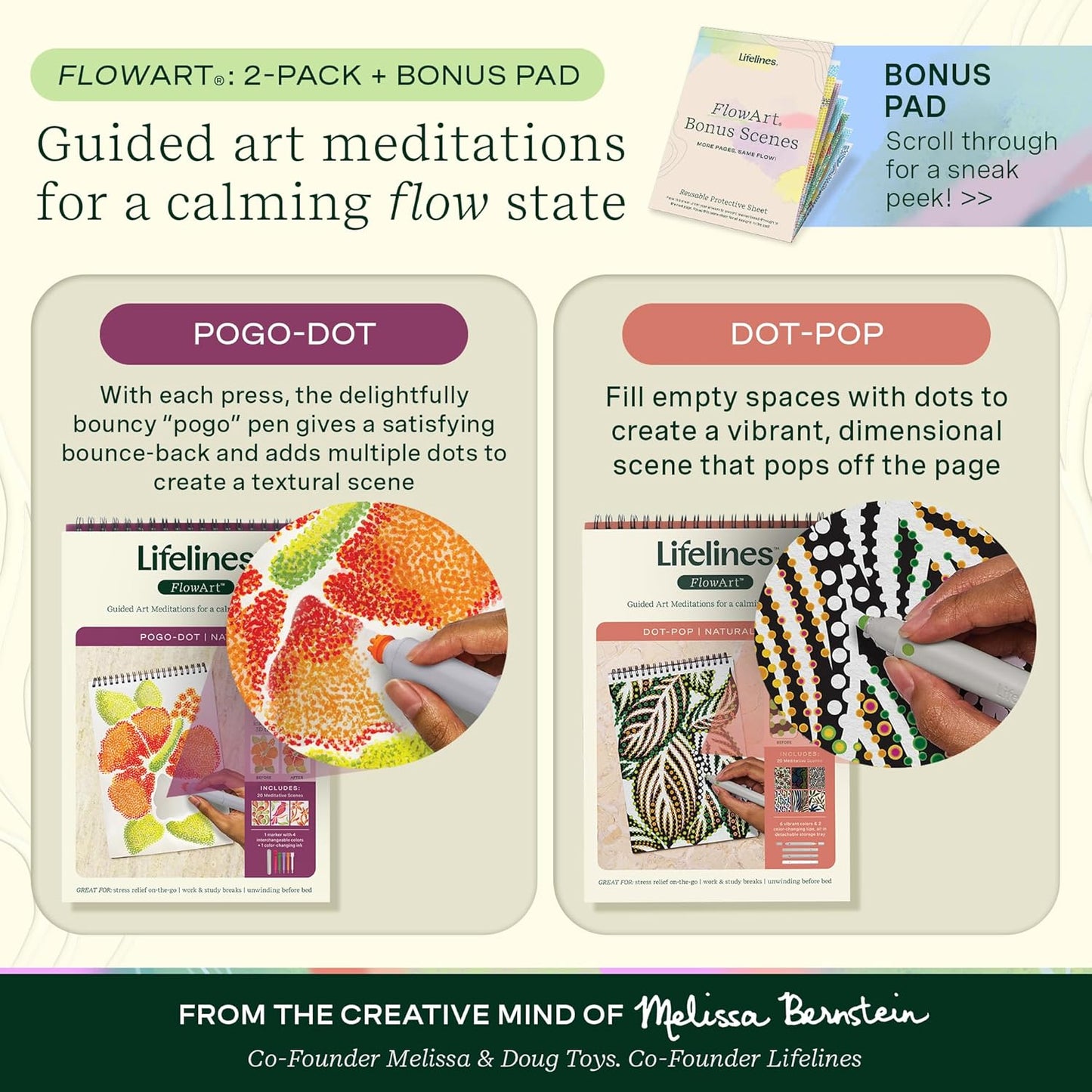 Lifelines FlowArt Activity Pad, 2-Pack & Bonus Pad - Guided Dot Art Meditations with Markers – Dot-Pop and Pogo-Dot Coloring Books for Tweens, Adults & Seniors