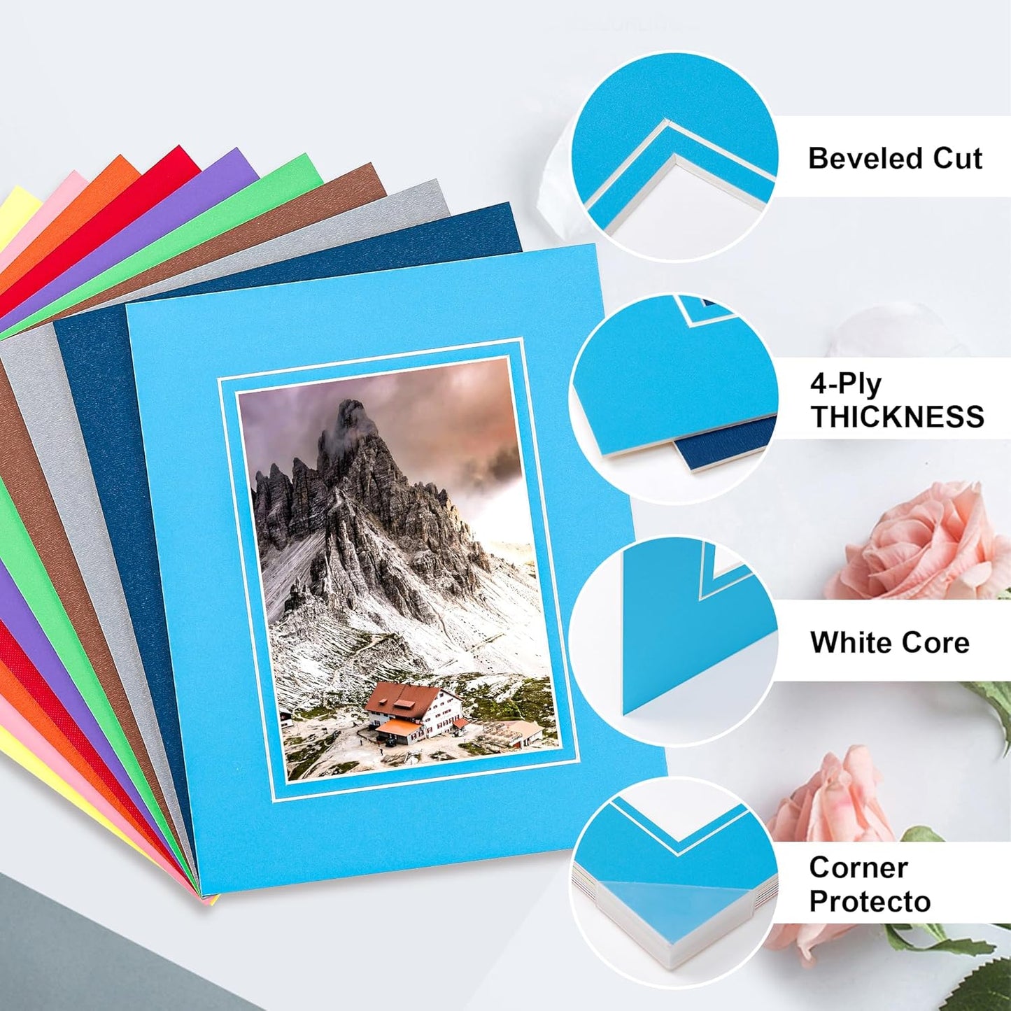 HOTUO 10 Pack Acid Free Colorful Picture Frame Mats, Pre-Cut 8x10 Picture Mats with Ivory Core Bevel Cut for 5x7 Photo, Signature Friendly 4 Ply Thickness Photo Mat for Frames (Colorful with V-Groove)