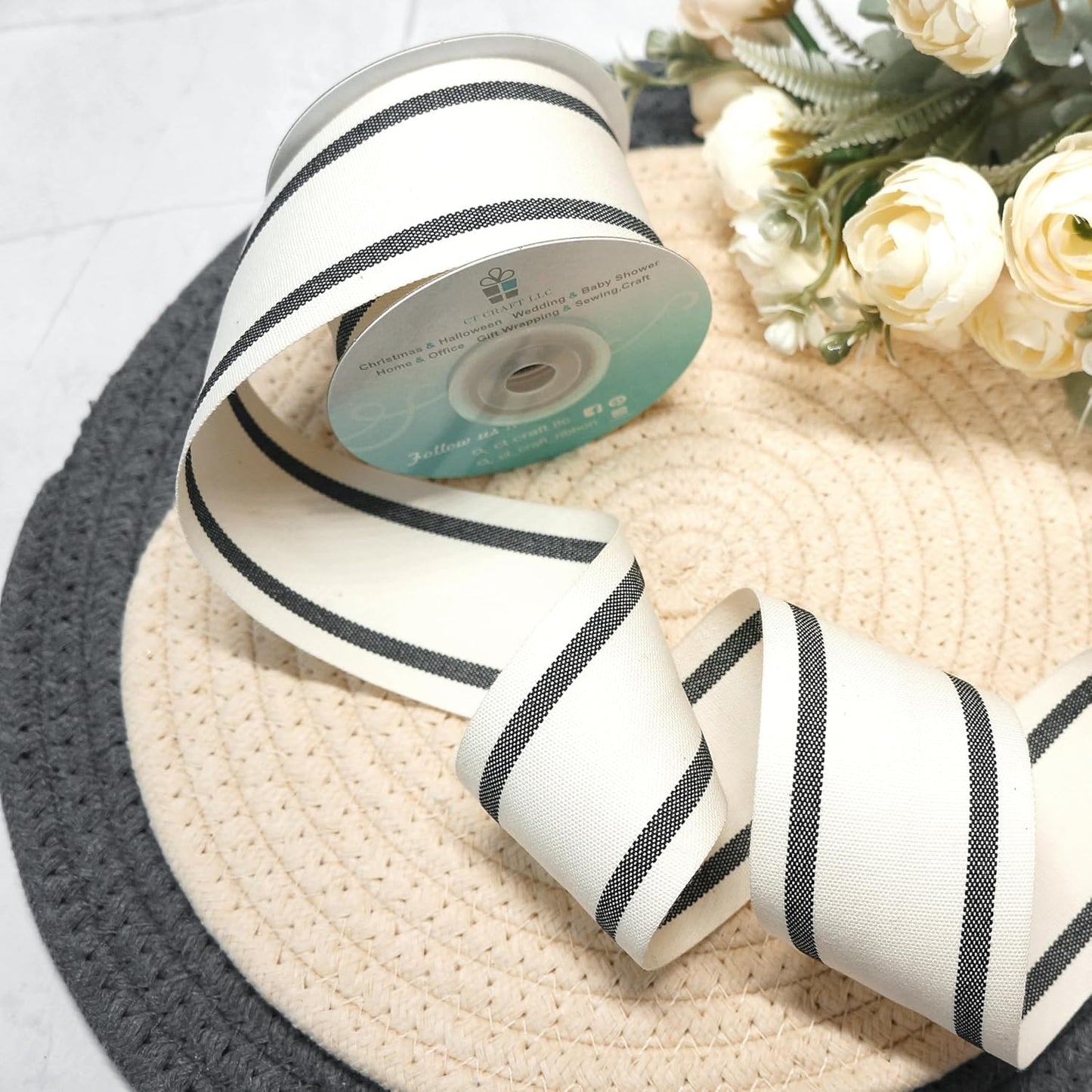 CT CRAFT LLC Ivory Cotton Black Stripes Ribbon 2" x 10 Yards for Home Décor Gift Present Wrapping DIY Crafts Birthday Wedding Bouquet Christmas