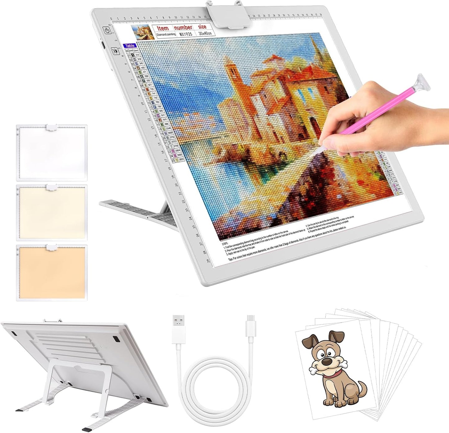 A3 Rechargeable LED Light Pad,Light Box for Tracing with Integrated Stand,3 Light Colors 6 Levels of Brightness and stepless dimming,Light Board for Diamond Painting,Drawing,Artists