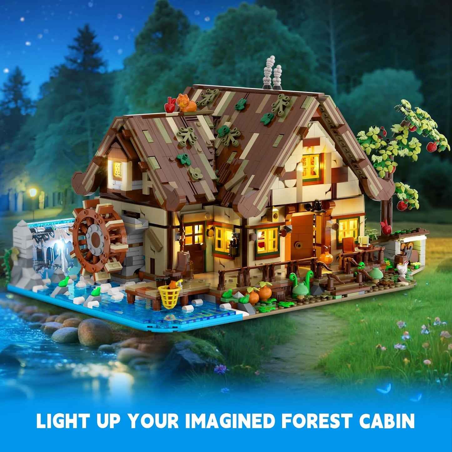 Wood Cabin Mini Building Set with Lights, Forest House Building Block Kit with Animals Stream Waterwheel, 2570 PCS Treehouse Construction Model Toy Collection for Adults Teens Boys Girls 12+