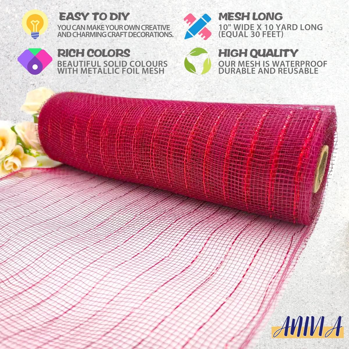 Anivia Deco Mesh Ribbon, 10inch x 30 Feet Each Roll Metallic Foil Mesh Ribbon for Wreaths Swags, Holloween, and Christmas Tree Decoration (Burgundy/Red Foil)