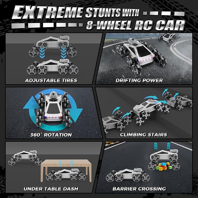 8 Wheel RC Stunt Car with Gesture Control, Spray & LED Lights, Gesture Sensing Remote Control Cars for Boys Age 6 7 8-12 13 14 Year Old, Christmas Birthday Gifts Ideas for Kids