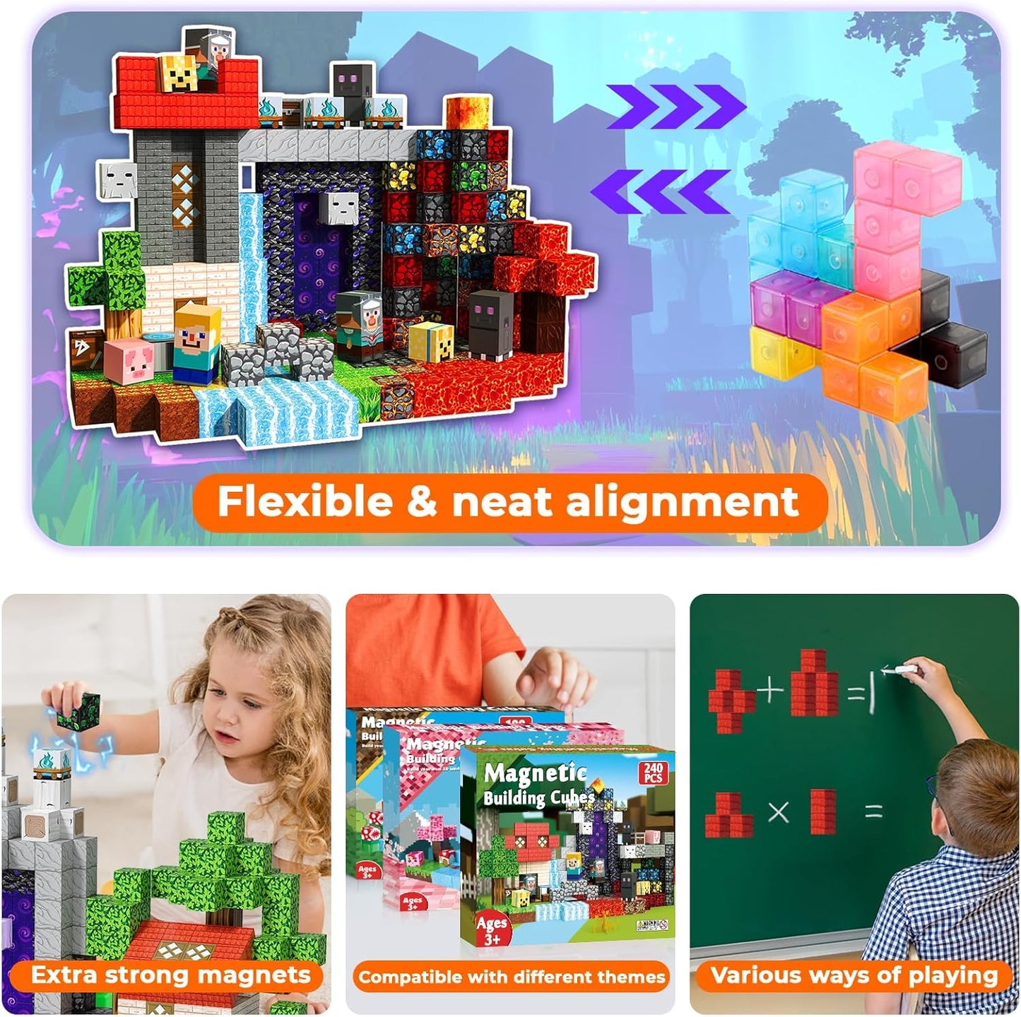 240 PCS Magnetic Blocks - Magnetic Building Block for Kids Ages 4-8, Magnet Blocks Cubes Constructions Toys for 3 4 5 6 7 8 9 10 12 Years Old Boy Girl, STEM Educational Stacking Holiday Birthday Gift