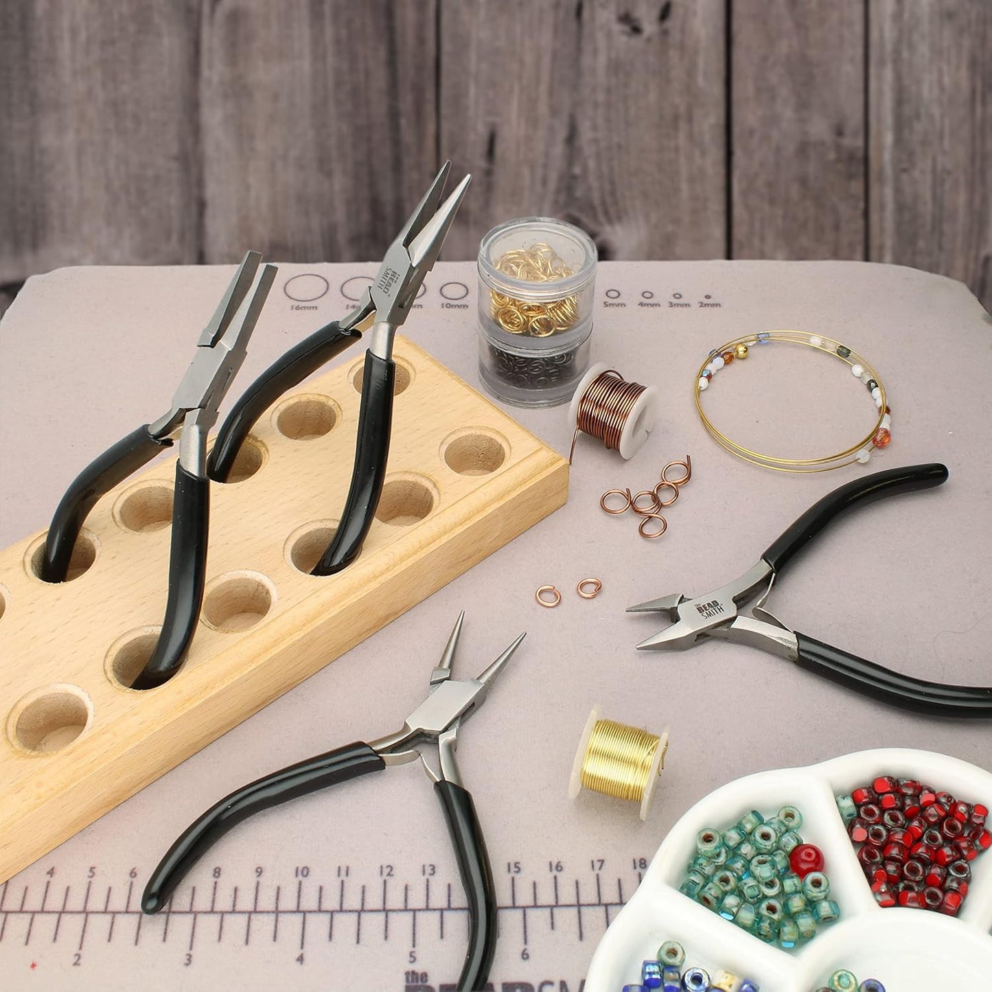 The Beadsmith Slim Line Pliers Set – Extra Fine Tips – 4.5 Inches, 4-Pieces: Round Nose, Chain Nose, Flat Nose & Semi-flush Side Cutter – Leatherette Carrying Case Included – Tools for Jewelry Making