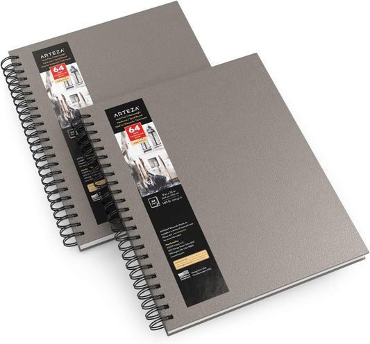 ARTEZA Watercolor Sketchbook 2-Pack, 9x12 Inches – 64 Pages Each, Spiral-Bound 140 lb Cold Press Paper, Gray Hardcover Journal for Mixed Media