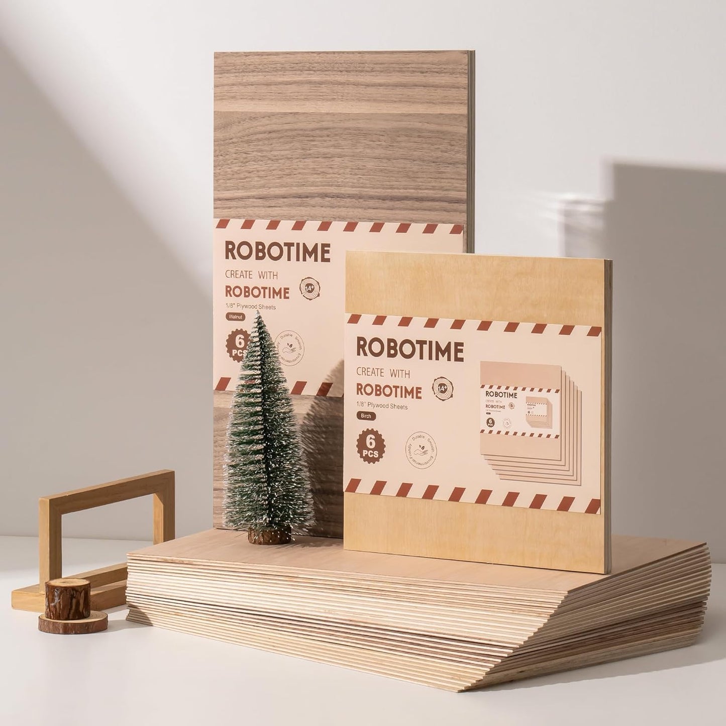 ROBOTIME Baltic Birch Plywood 1/8”, 3mm Plywood Crafting Wood Sheets 6 Pcs, 12"x12" Thin Birch Laser Wood Boards