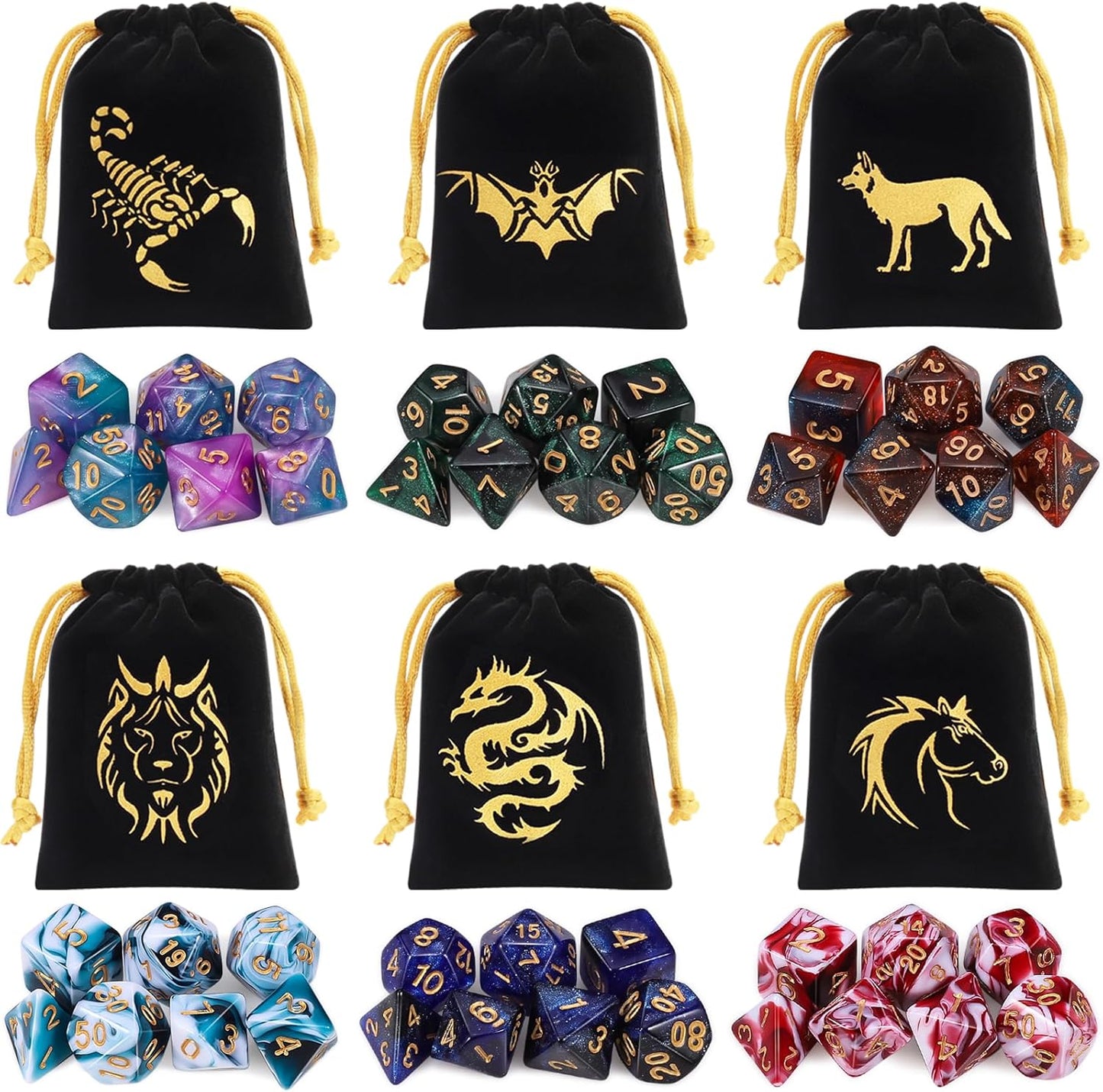 CiaraQ DND Dice Set, Double-Colors Polyhedral Dice (42 Pieces) with 6 Pattern Bags and PU Leather Tray for Dungeons Dragons D&D RPG MTG Table Games