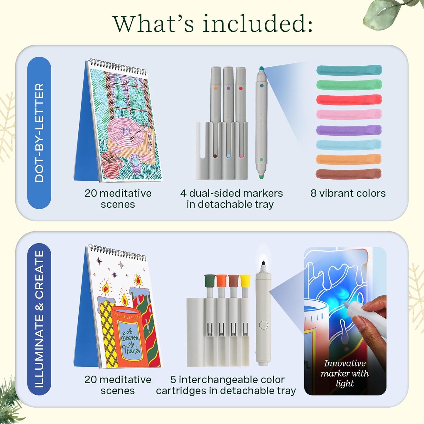 Lifelines FlowArt Activity Pad, 2-Pack Winter Set + Bonus Pad - Guided Art Meditations with Markers – Dot-by-Letter & Illuminate & Create - Coloring Books for Tweens, Adults & Seniors