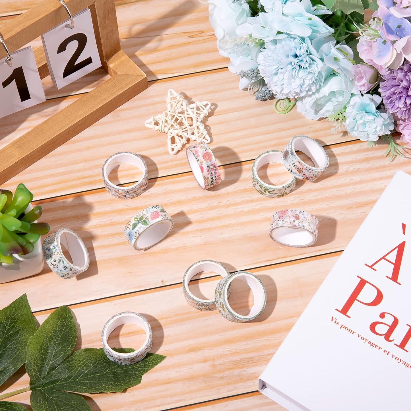 Whaline 12 Rolls Spring Floral Washi Tape Foil Gold Colorful Flowers Masking Tape 15mm Watercolor Plants Spring Decorative Washi Tape Sticker for Holiday Scrapbook Journal DIY Craft Gift Wrapping