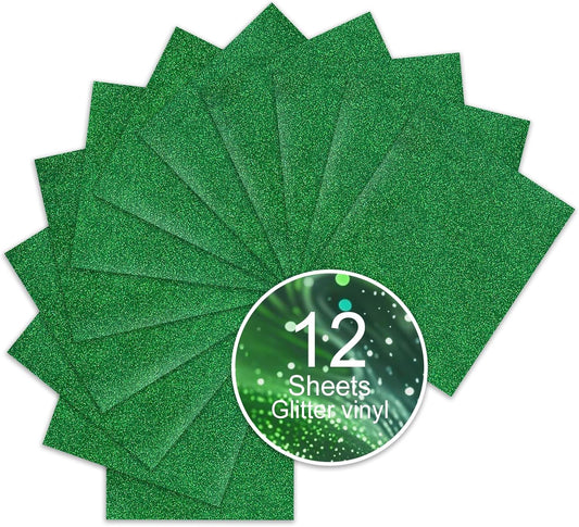 Green Glitter HTV Sparkly Heat Transfer Vinyl – 12 Pcs 12x10Inch Iron-On Vinyl Sheets for T‑Shirts & DIY Craft Gifts, Easy to Cut & Weed, No‑Flake & Washable, Work with All Cutter Machines
