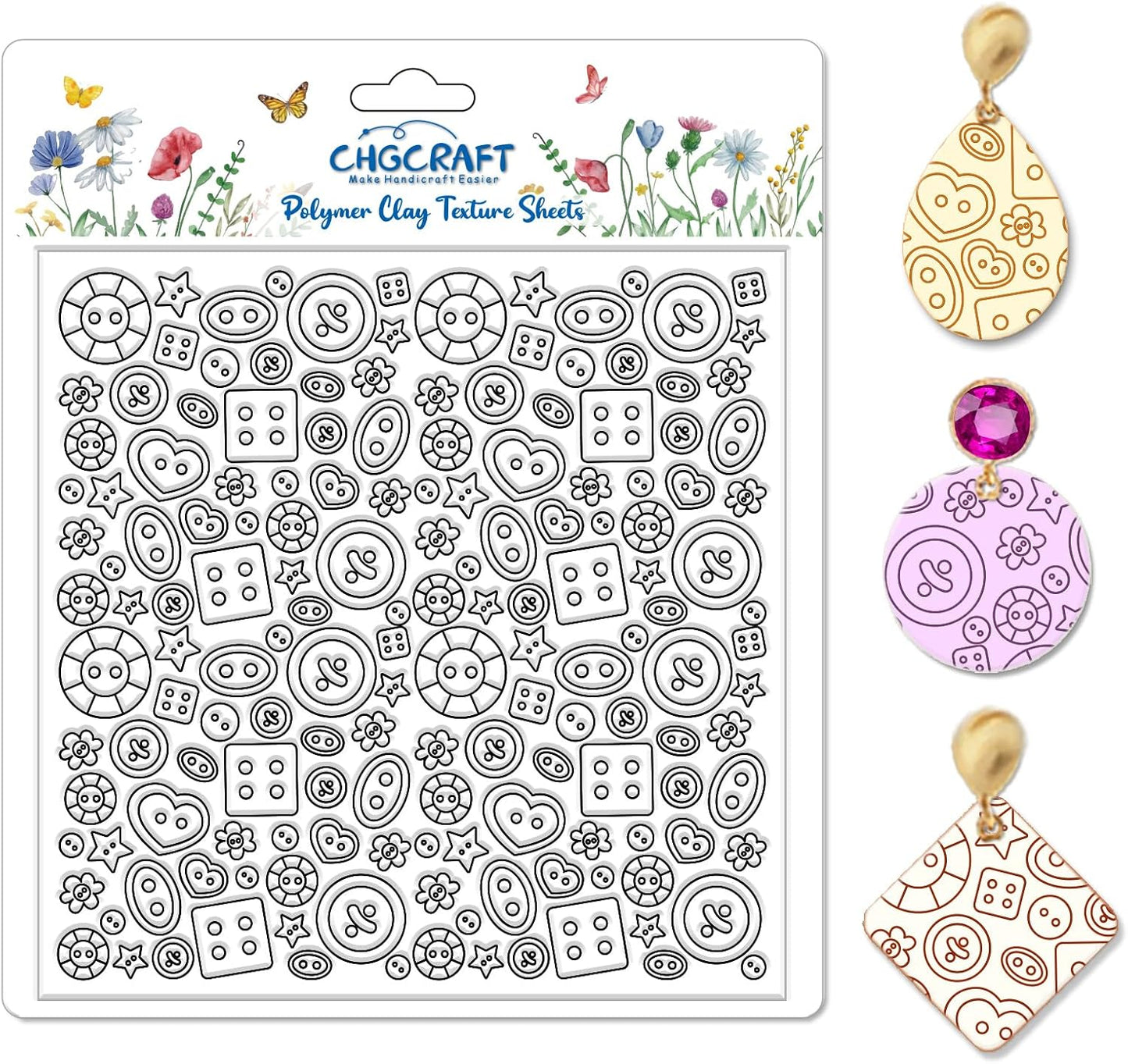 CHGCRAFT Button Pattern Polymer Clay Texture Sheets Heart Graphic Geometric Silicone Texture Stamp Clay Texture Mat Modeling Pattern Pad Sheets for Jewelry and Earrings Tools, 5.5x5.5 inch