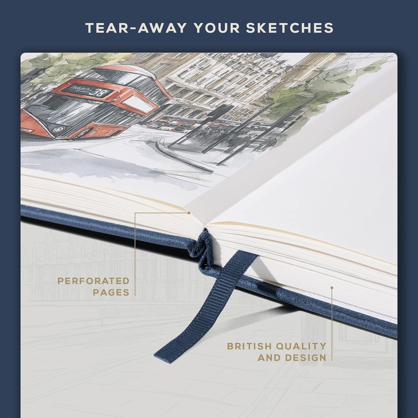 Beechmore Books A3 Sketchbook – 11.7x16.5 Premium Vegan Leather Bound Extra Large Sketch Book Hardcover, 160gsm 160 Perforated Ivory Pages, Blank Sketch Pad, Gift Boxed, Back Pocket, Ribbon Bookmark