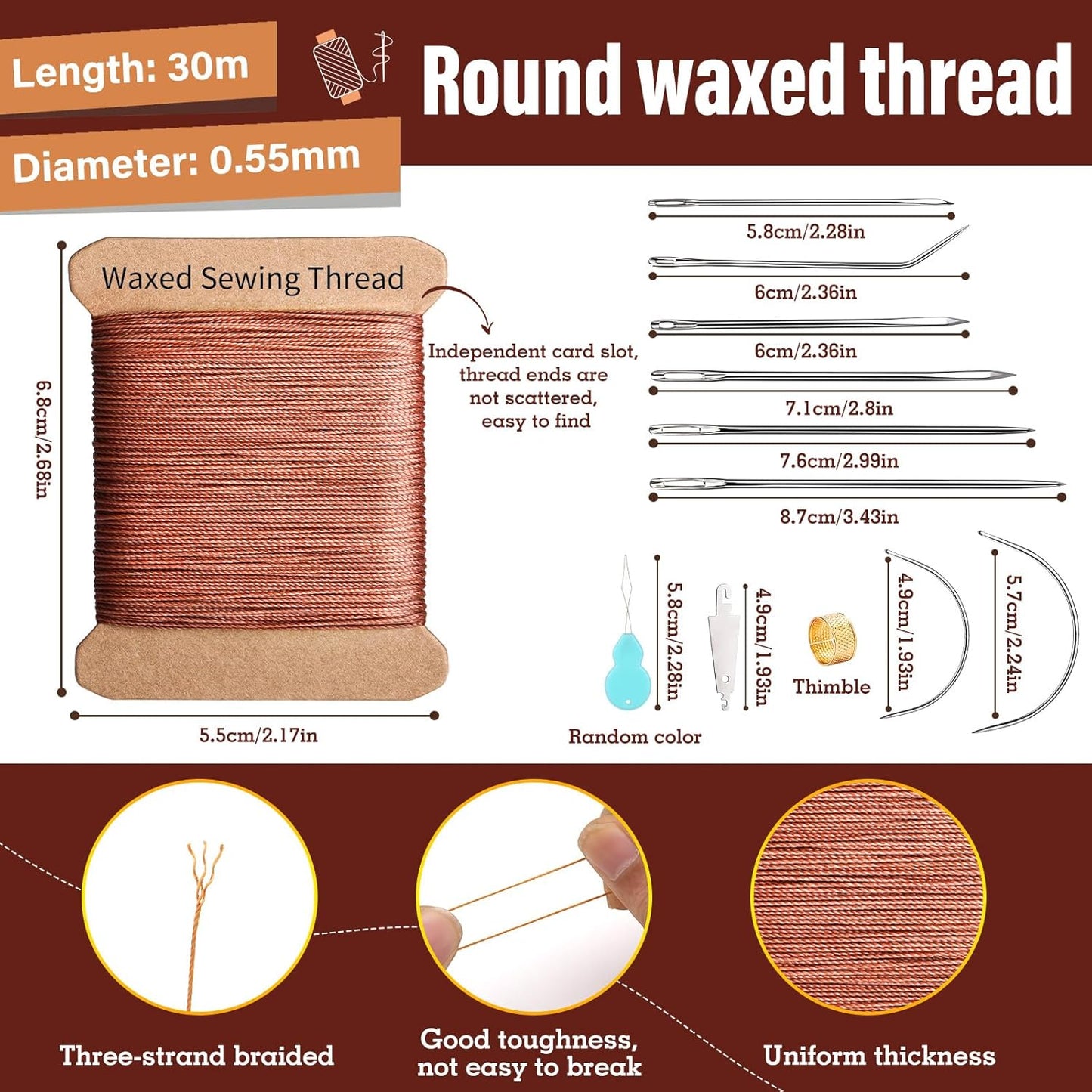 Repair Sewing Kit, Upholstery Needle and Thread Kit with 32 Yard Waxed Thread and 8 Pcs Heavy Duty Leather Needles for Hand Stitching, Canvas & Quilting - 0.55mm Round Waxed Brown