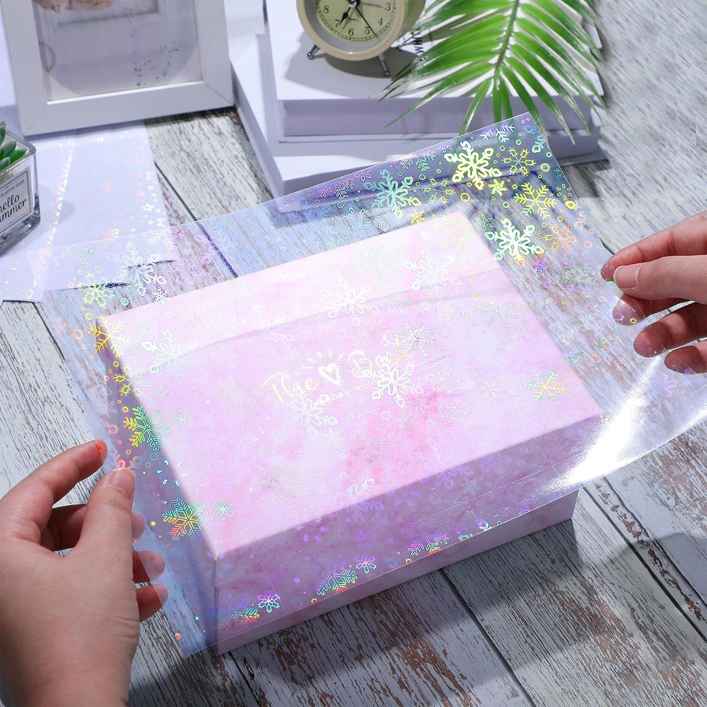 Teling 90 Sheets Holographic Sticker Paper Transparent A4 Vinyl Holographic Sticker Laminate Sheets Clear Overlay Lamination Film Paper Self Adhesive Waterproof with Gem Spot Rainbow Star Pattern