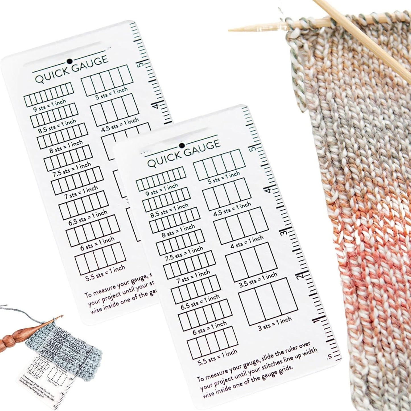 Quick Gauge Ruler, Gauge Ruler for Knitting and Crochet, Scarf Keychain Knitting No Counting Needed, Slide Sewing Rulers and Guides for Fabric Stitch Measuring Crochet Tool(2pcs)
