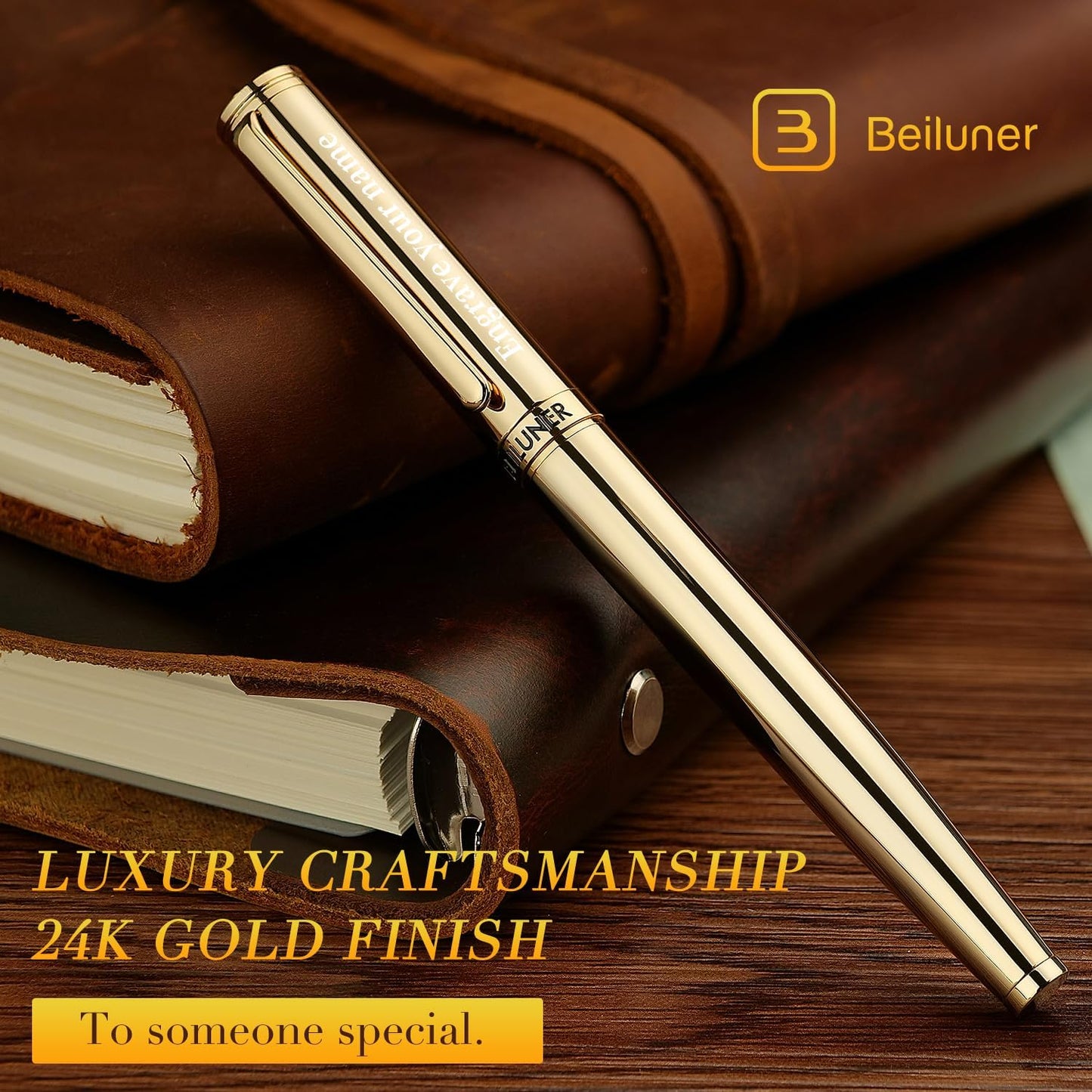 BEILUNER Gold Personalized Fountain Pen,Stunning Luxury Surface,24K Gilded Nib(Fine),Gorgeous 24K Gold Finish, Ink Converter,Fancy Gift for Men&Women-Elegant, Graduation,Office Pens for Writing