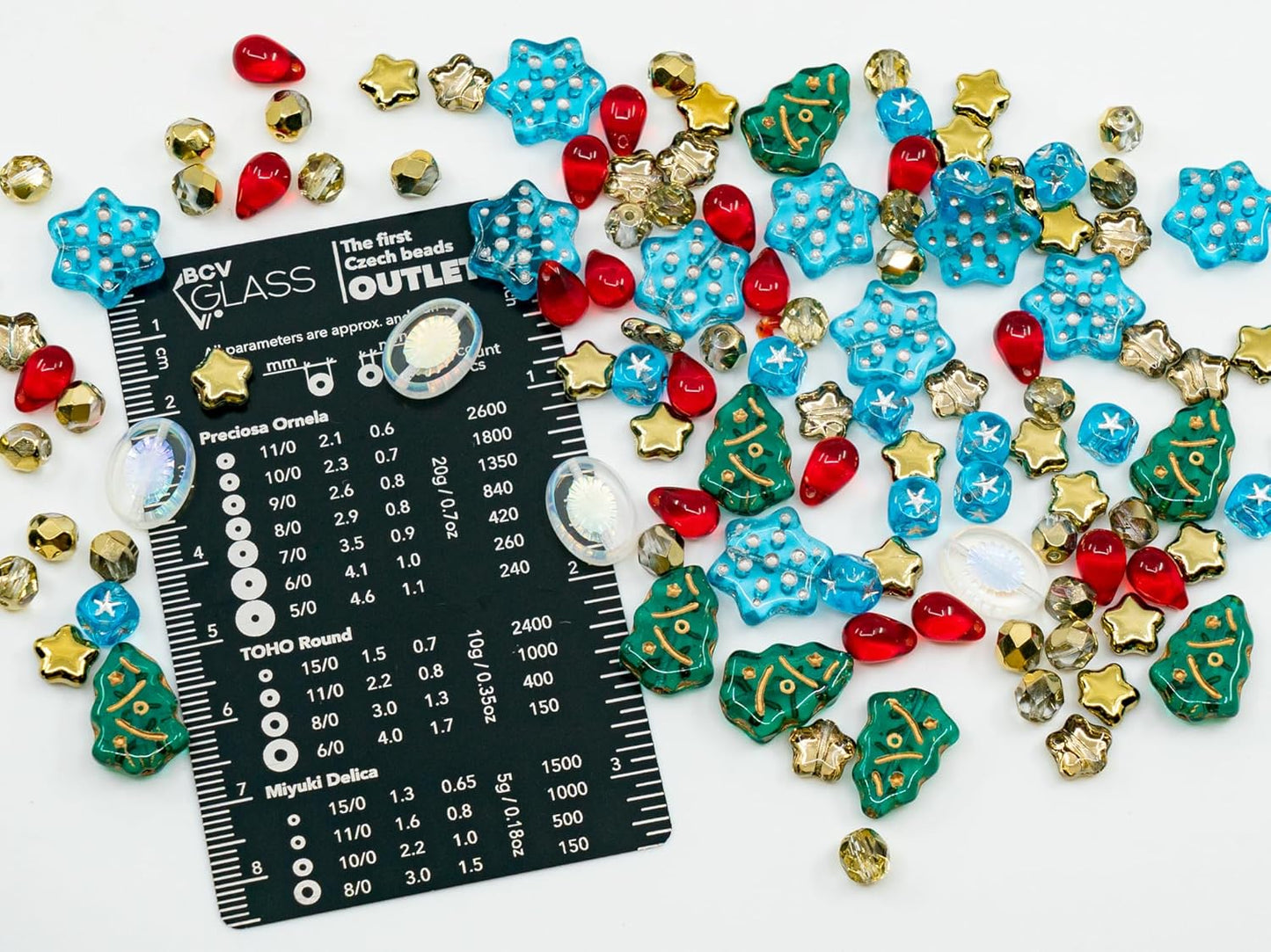 2.1 oz of Czech Glass Beads - Christmas Winter Mix 2025 - Big Star, Teardrop, and Cube Beads for DIY Bracelet Decoration