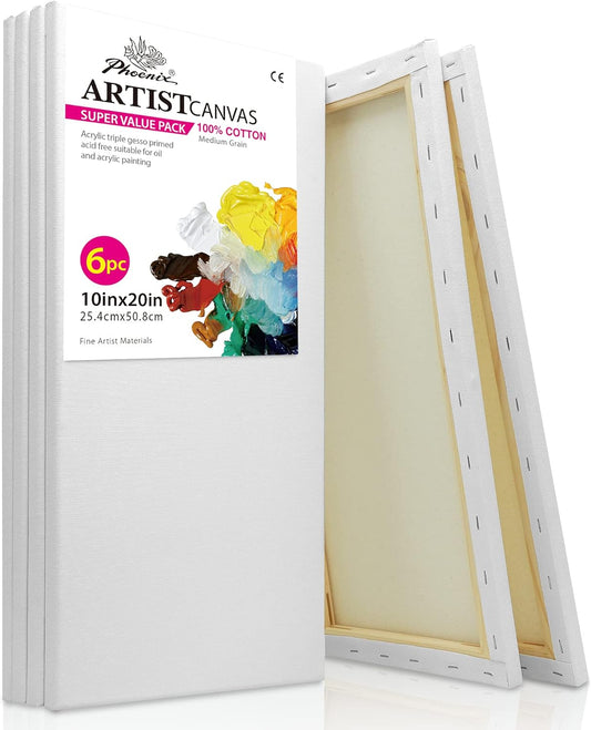 PHOENIX Long Stretched Canvas for Painting 10x20 Inch/6 Value Pack, 8 Oz Triple Primed 5/8 Inch Profile 100% Cotton White Blank Canvas, Rectangular Framed Canvas for Oil Acrylic & Pouring Art