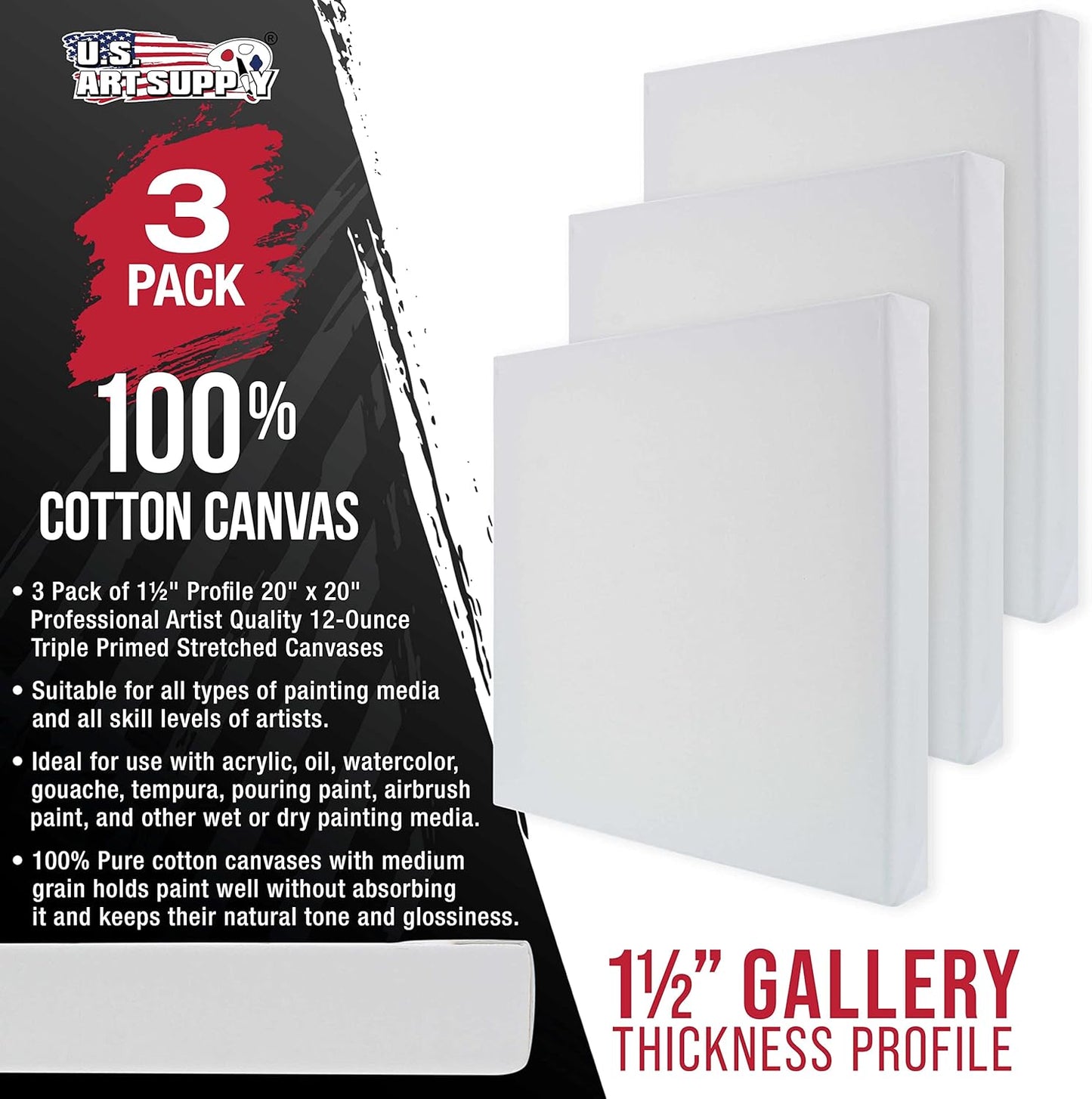 U.S. Art Supply Large Stretched Canvas for Painting 20x20 inch Gallery Depth 1-1/2" Thick, 3-Pack - 12oz Acrylic Gesso Triple Primed, Professional Artist Quality, 100% Cotton - Oil, Pouring Paint