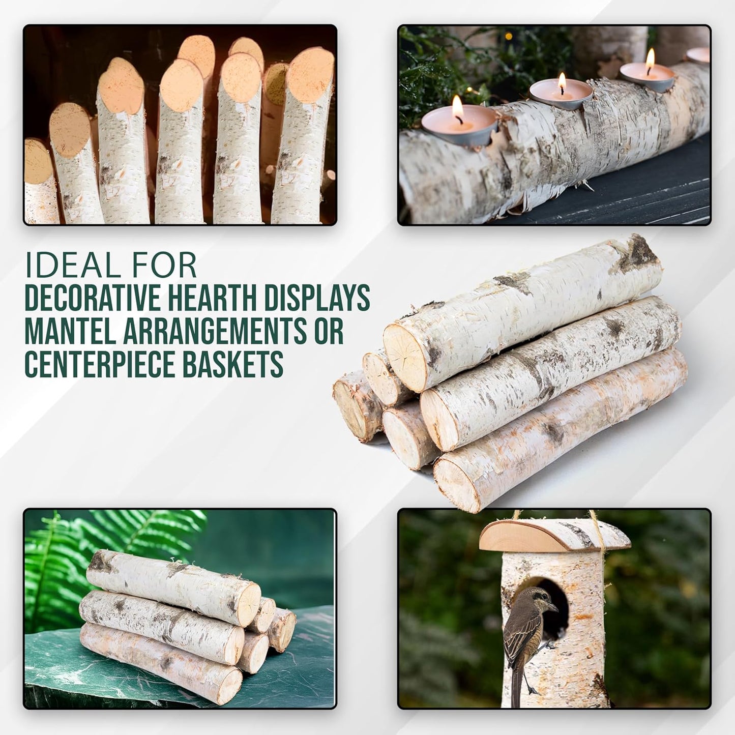 17 Inch Natural Birch Logs - Decorative Dried Birch Wood Logs for Fireplace, Wedding Centerpieces - Unfinished Wood DIY Crafts, & Home Décor - Birch Log Bundle for Indoor Display (6 PCS) (2.5"-4" DIA)