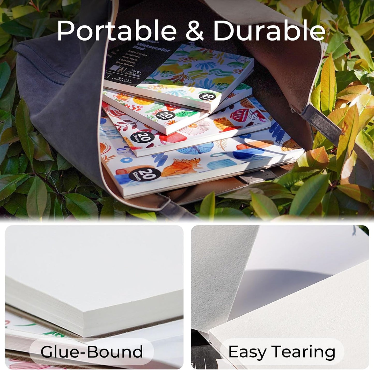 Funto Watercolor Pads, 100% Cotton, 20 Sheets, 7X 5, 140lb/300gsm, Glue Bound, Double-Sided, Easy Tear Heavyweight Art Paper for Painting