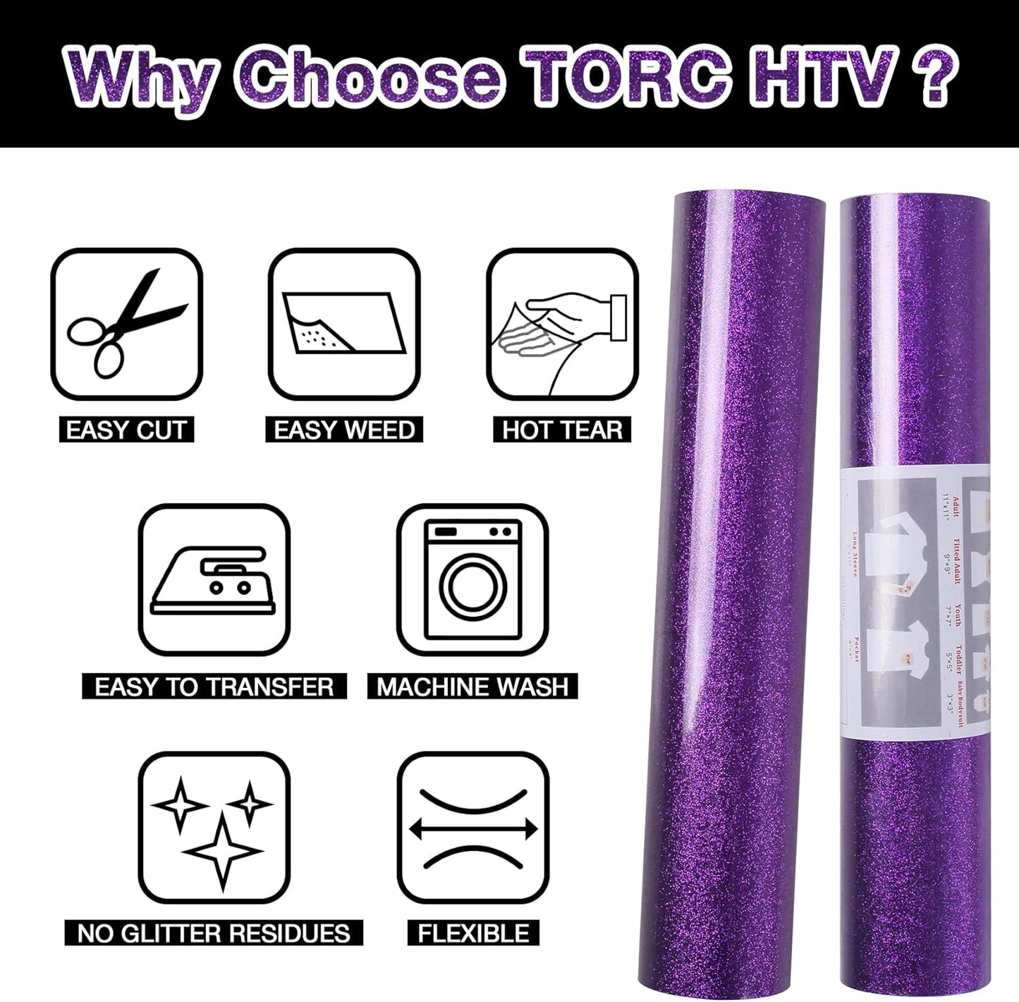 TORC Purple Glitter HTV Heat Transfer Vinyl Roll 12 inch x 20 ft Sparkly Iron on Vinyl for T Shirts Crafts Bulk