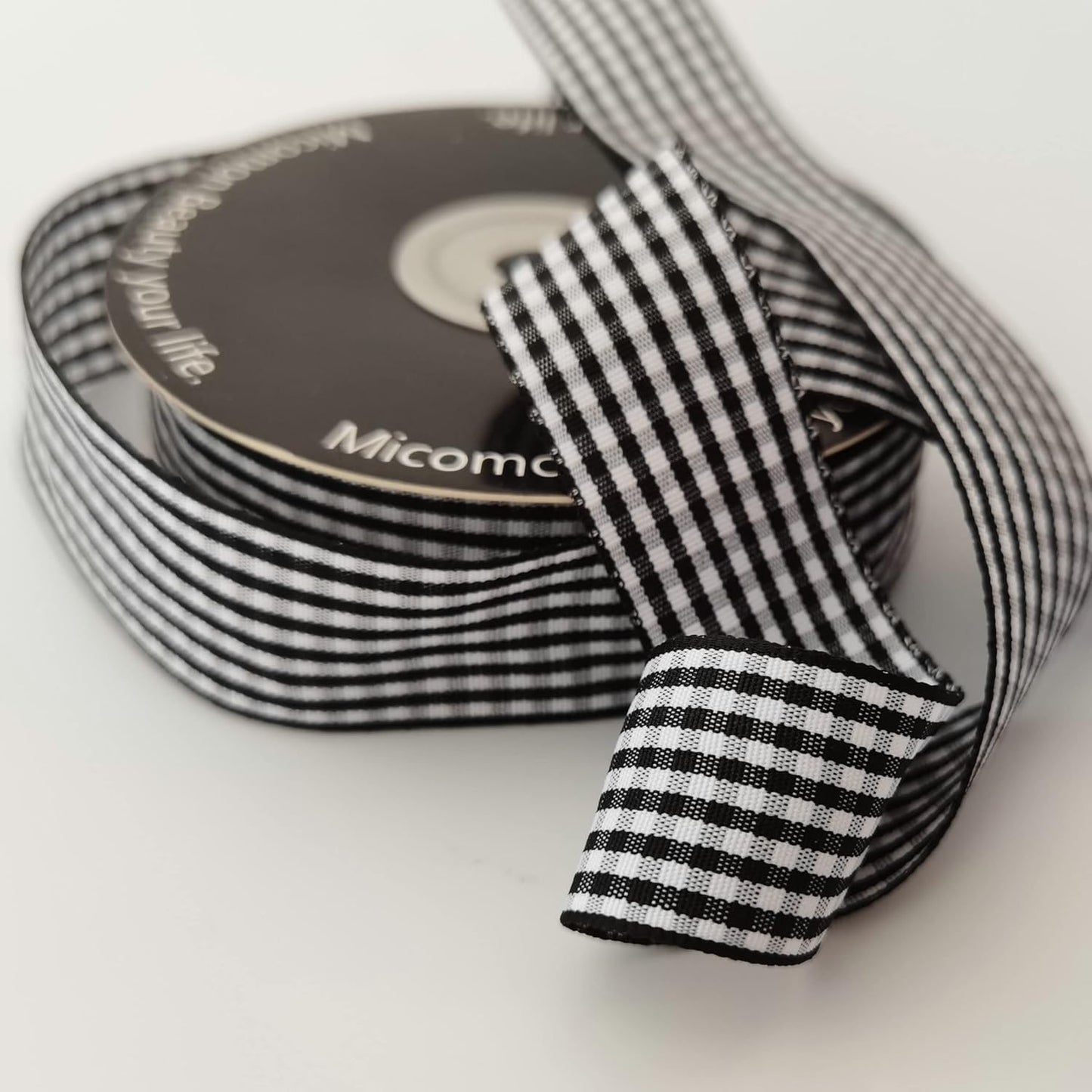 1 Inch Black and White Woven Edge Gingham Ribbon 25 Yards Each Roll 100% Polyester (1", Black)