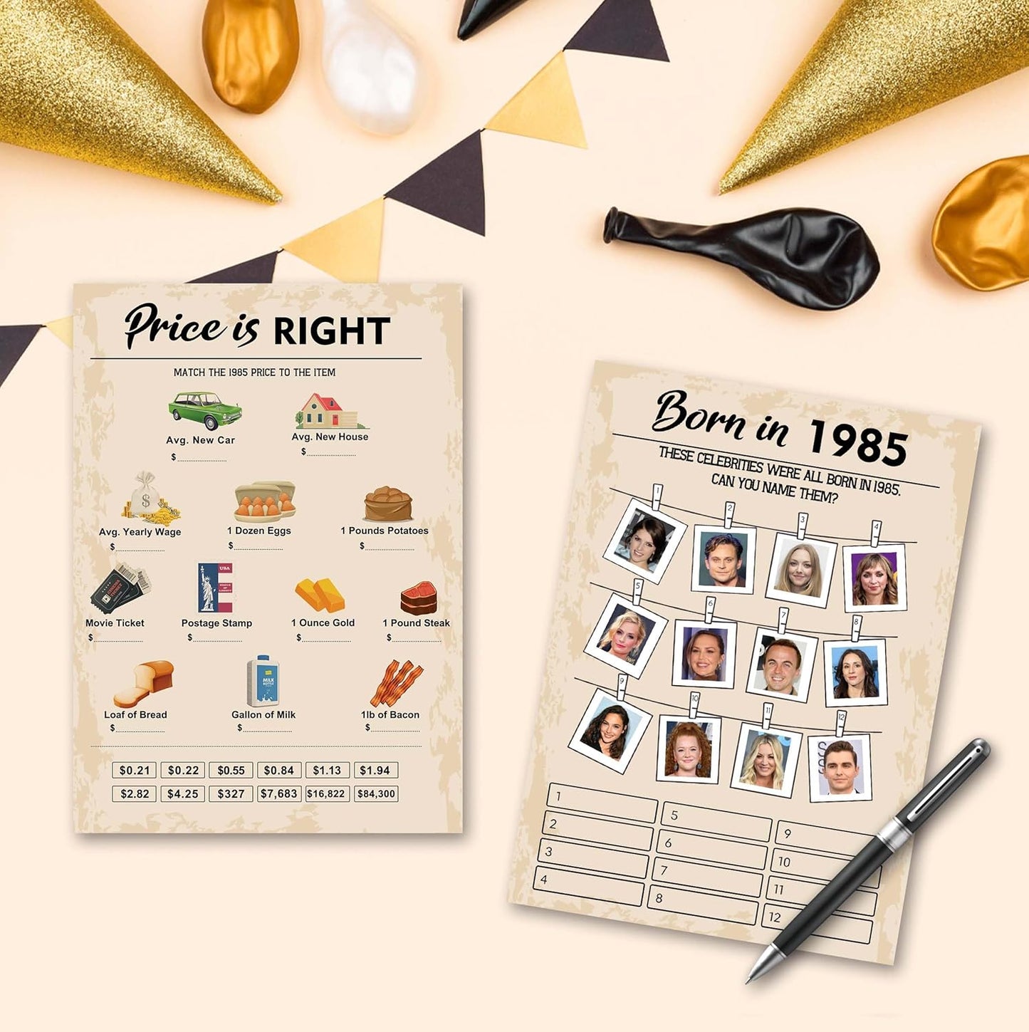 QUPT 40th Birthday Party Games, Set of 2 Activities for 15 Guests, Born in 1985 Games Bundle, Birthday Party Supplies for Adults, Pack of 30 Cards