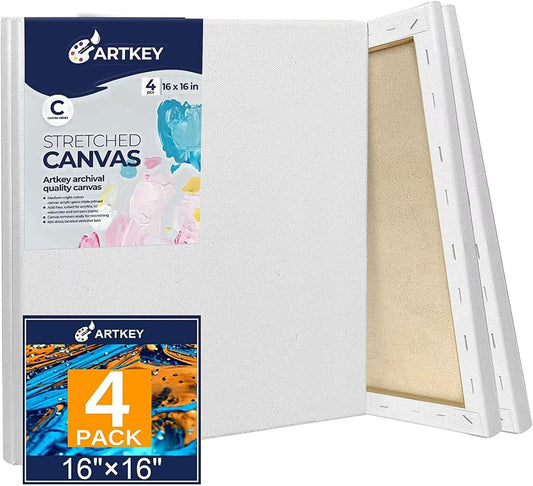 Stretched Canvases for Painting 16x16 Inch 4-Pack, 10 oz Triple Primed Acid-Free 100% Cotton Blank Canvas, Square Canvas for Oil Paint Acrylics Pouring & Wet Art Media, Pour Painting