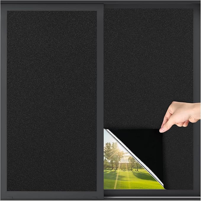 LUTE Blackout Window Film, Sun Light Blocking Frosted Privacy Cling for Glass, Darkening Window Tint for Day Sleep Black Out Shades, UV Blocking Static Cling Blackout Cover, 23.6" x 118.1"