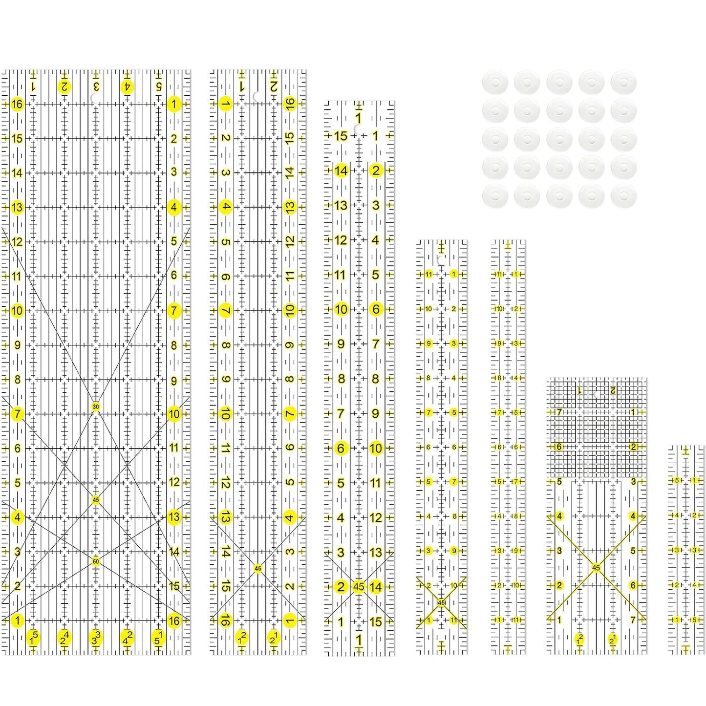 Quilting Ruler, 8 Piece Acrylic Quilting Templates, Sewing Ruler, Fabric Cutting Ruler with Non-Slip Rings, Quilting and Sewing (6"x17", 3"x17", 2"x16", 1.5"x12", 1"x12", 1"x6", 8"x3") (Yellow)