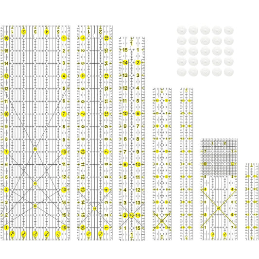 Quilting Ruler, 8 Piece Acrylic Quilting Templates, Sewing Ruler, Fabric Cutting Ruler with Non-Slip Rings, Quilting and Sewing (6"x17", 3"x17", 2"x16", 1.5"x12", 1"x12", 1"x6", 8"x3") (Yellow)