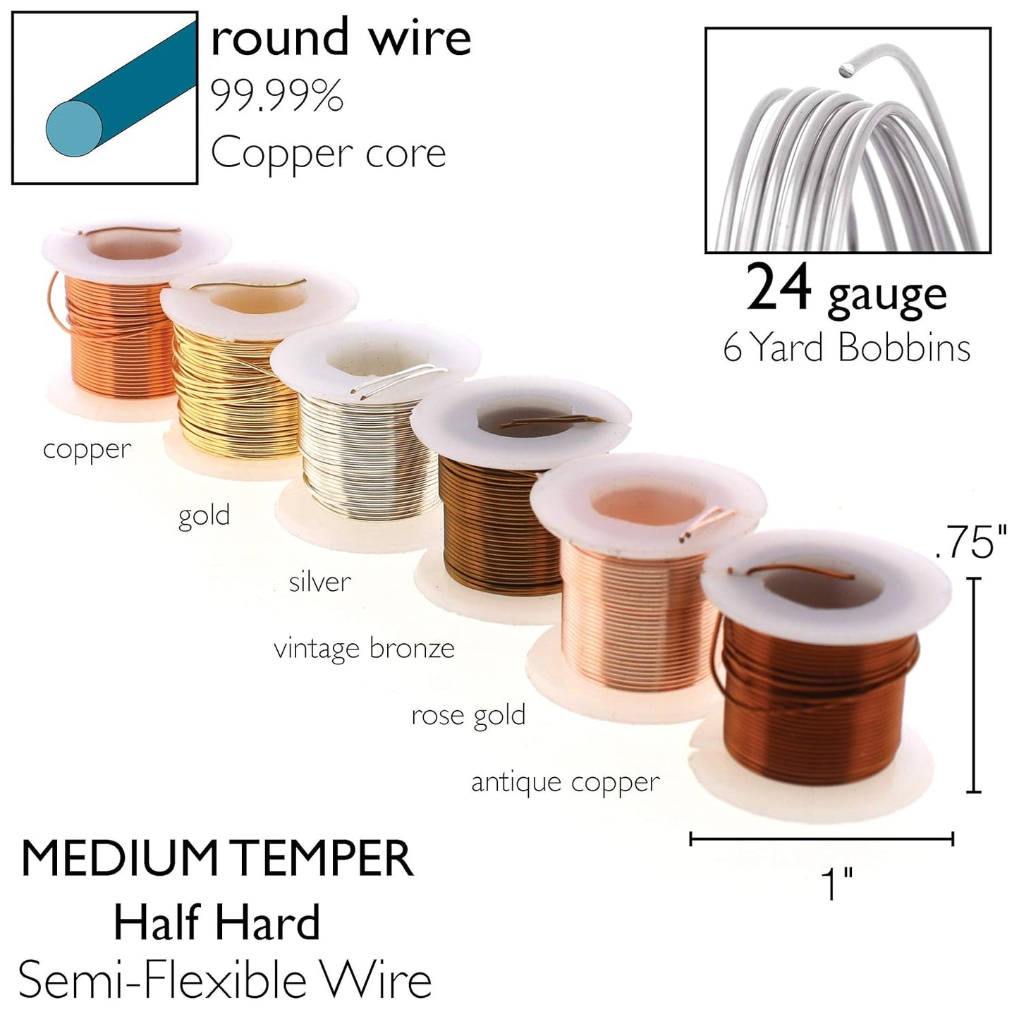 The Beadsmith Craft Wire Assortment - Tarnish-Resistant Copper Wire for Jewelry Making, 6-Pack, 0.75-Inch Mini Spools, 6 Yd Each, 24-Gauge, Assorted Colors, Medium Temper