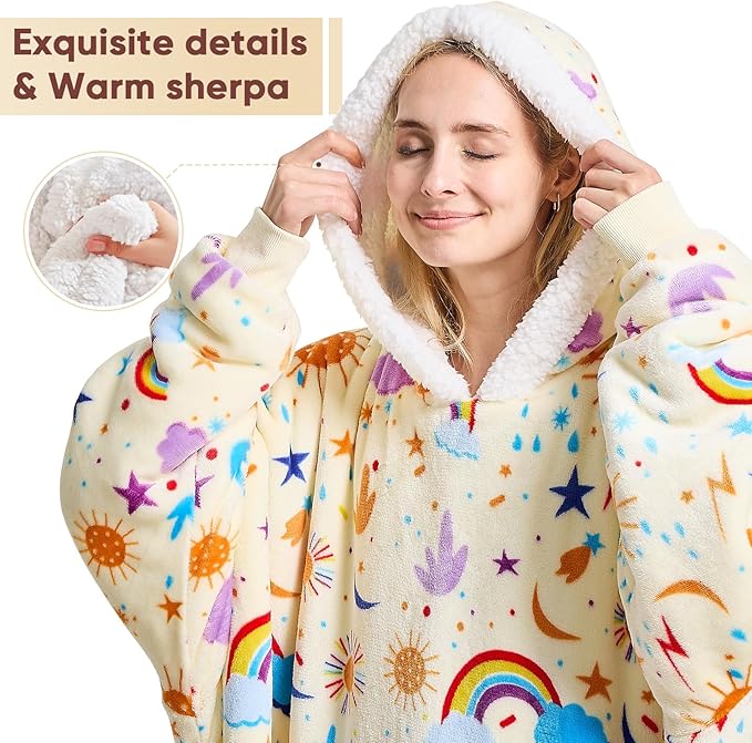 yescool Wearable Blanket Hoodie, Flannel Sherpa Fleece Blanket Sweatshirt for Adults Women Men,One Size Fits All