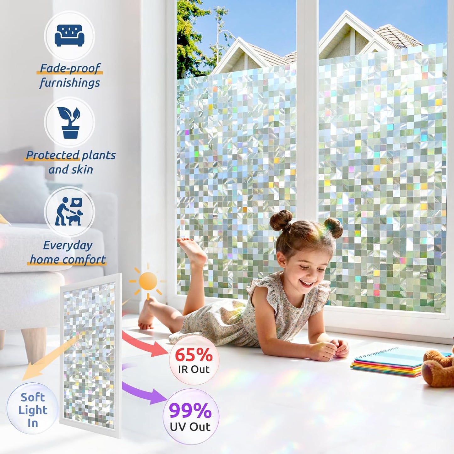 rabbitgoo Stained Glass Window Privacy Film Mosaic Pattern, Frosted Glass Window Film Rainbow Decorative Sticker, Static Cling UV Blocking Suncatcher for Home, 23.6 x 157.4 Inches