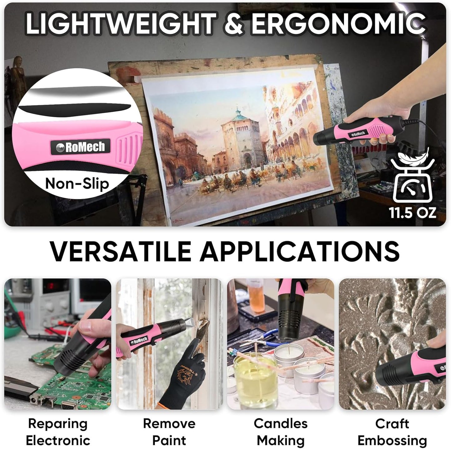 ROMECH 350W Heat Gun with 2 Nozzles, Dual Temp Heat Gun 400°F-660°F, Fast Heat Hot Air Gun with Overload Protection for DIY Craft Embossing Shrink Wrapping (Pink)