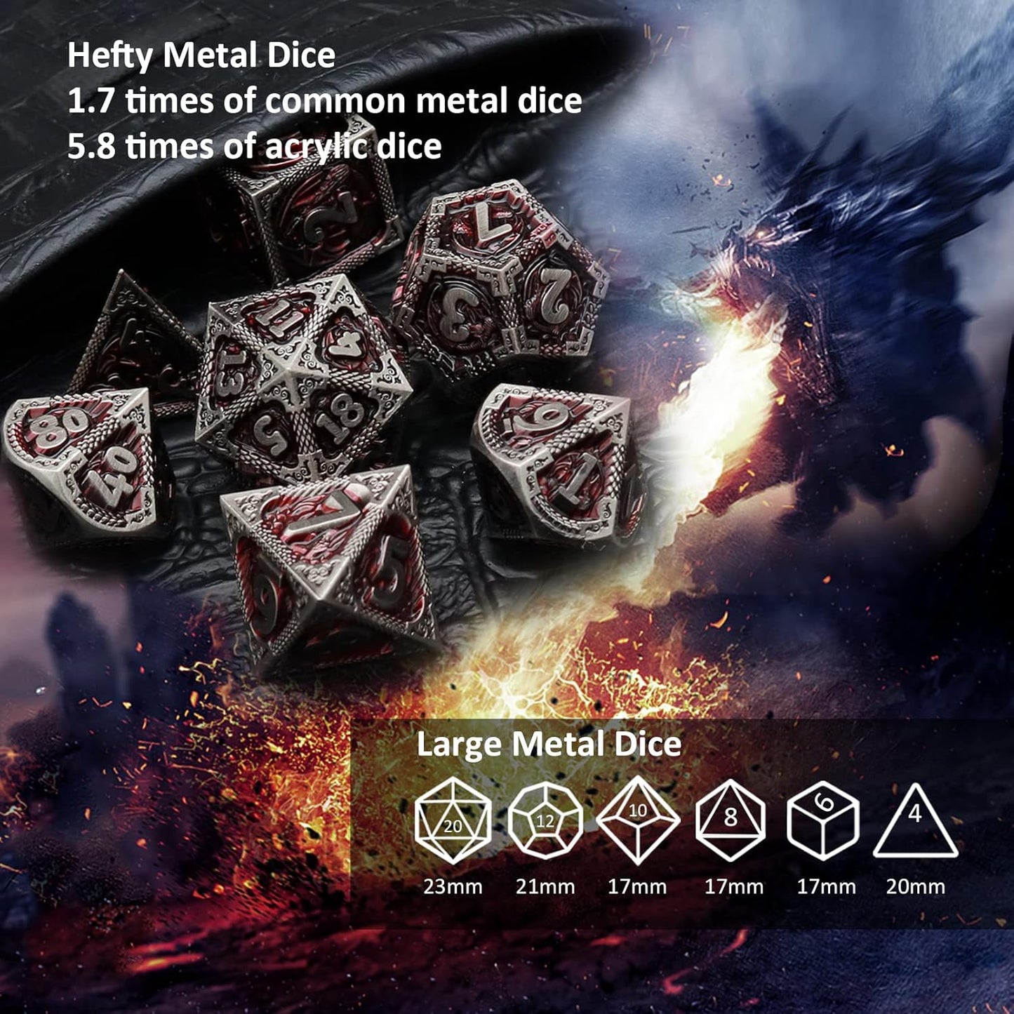 Haxtec DND Dice Set Metal D&D Dice Set with Leather Dice Bag Antique Iron Red Metal Polyhedral Dice Compatible with Dungeons and Dragons TTRPG Gifts