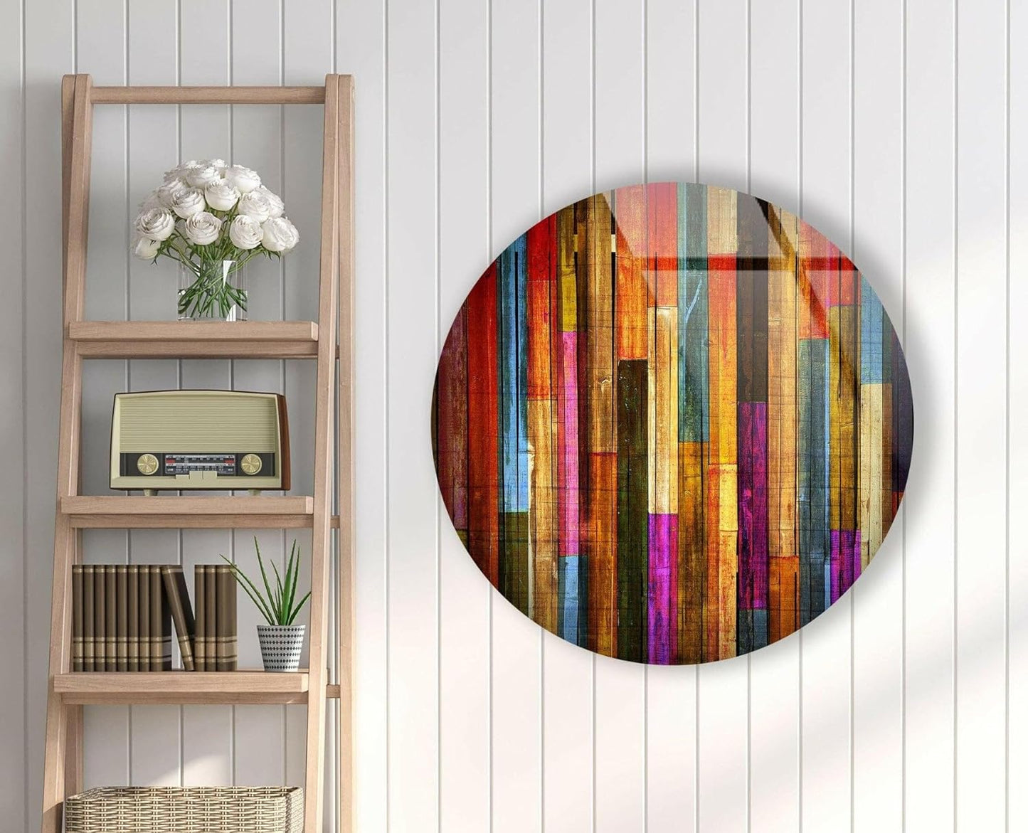 My Photostation.com 39,4''(100cm) Diameter Colorful Wood Pattern Round Glass Wall Art Tempered Glass Printing Wall Decor Large Wall Art Wall Hangings