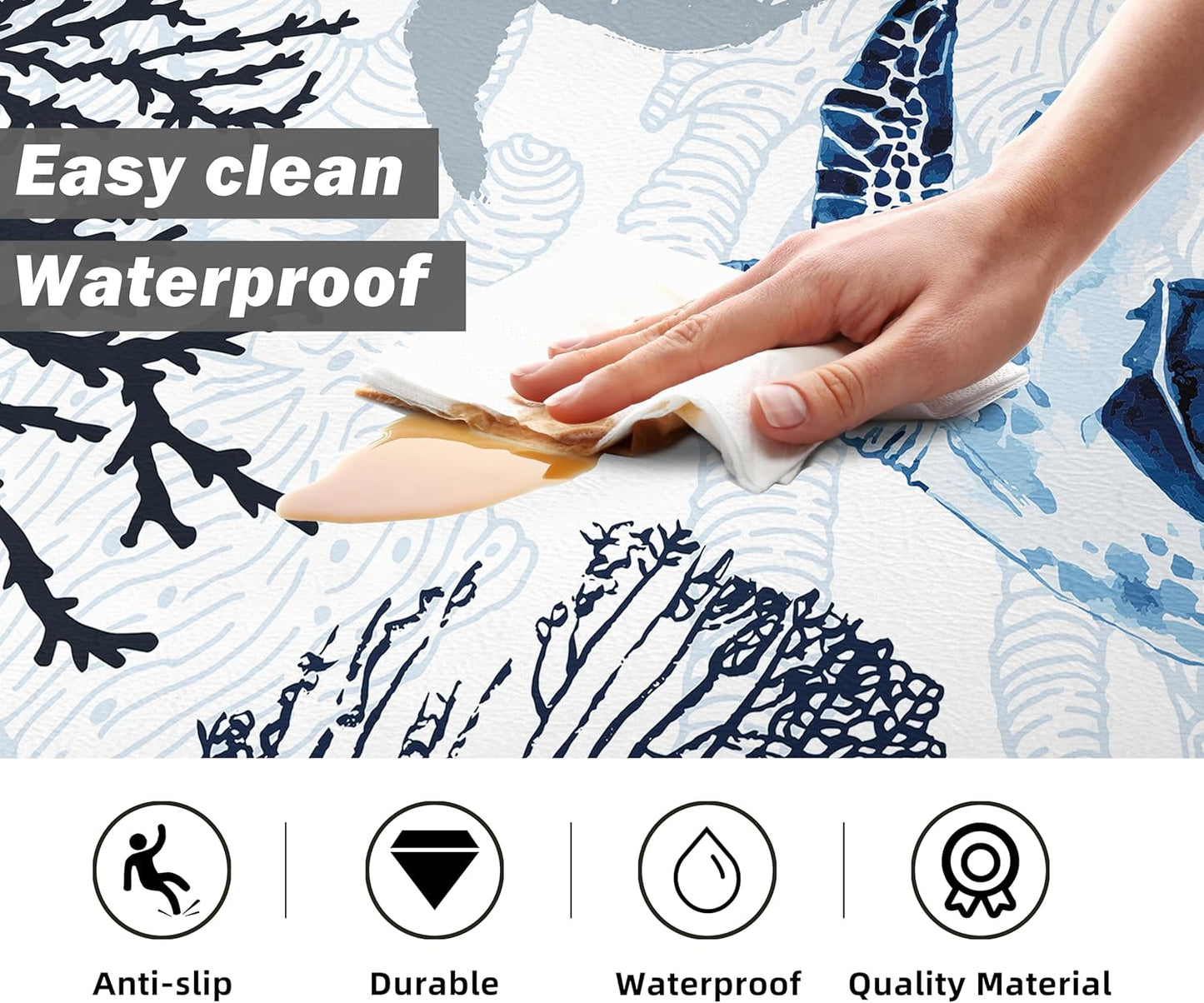 Coastal Beach Kitchen Floor Mat Rugs Nautical Decorative Coral Sea Turtle Kitchen Rugs Anti Fatigue Mats Non-Slip Comfort Standing Cushioned for Kitchen 17.3" 28" + 17.3" x 47" Set 2 Pcs Navy Blue