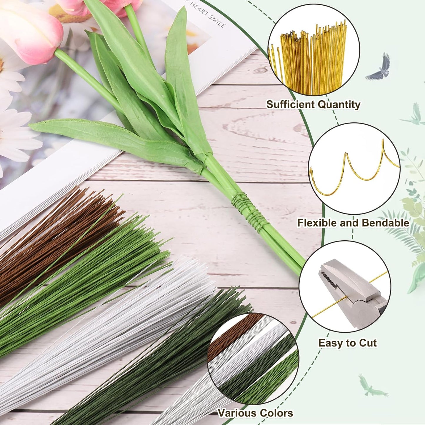 PATIKIL 32 Inch 22 Gauge Floral Stem Wire, 5 Pack/200 Pieces Bouquet Stem Paper Wrapped for DIY Crafts Flower Arrangements, Gold Tone