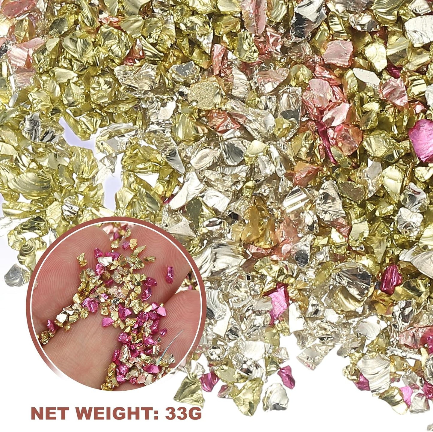 uxcell 6 Colors Crushed Glass Chips, 1-3mm Irregular Glitter Metallic Glass Broken Glasses Pieces with Laser Bag for Craft DIY Vase Epoxy Halloween Decoration 33g Gold Color Series